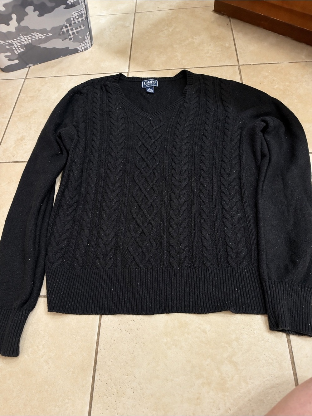 Chaps Women’s Black with Silver Embellishment Cable V-Neck Sweater